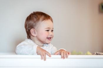 Portrait of a cute little baby boy at home standing in the crib, sweet child having fun in his bedroom, happy healthy childhood 