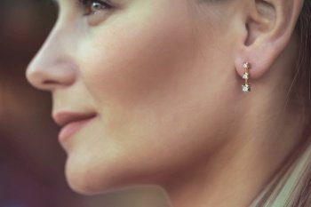 Closeup Portrait of a Beautiful Young Woman Wearing Gorgeous Stylish Earring. Profile Portrait. Luxury Fashionable Jewelry.. Beautiful Woman Wearing Gorgeous Earring