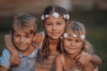 Portrait of an Adorable Kids Outdoors. Stylish Spring Look. Babies Fashion. Two Sisters with Their Brother Having Fun in the Backyard.. Happy Kids Portrait