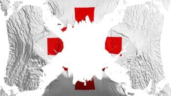 Red Cross torn flag fluttering in the wind, over white background, 3d rendering. Red Cross torn flag fluttering in the wind