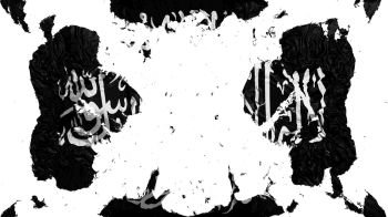 Scattered Black Jihad flag, white background, 3d rendering. Scattered Black Jihad flag