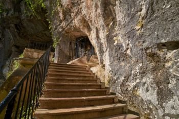 Covadonga Santa Cueva a Catholic sanctuary cave in Asturias near Picos europa mountains