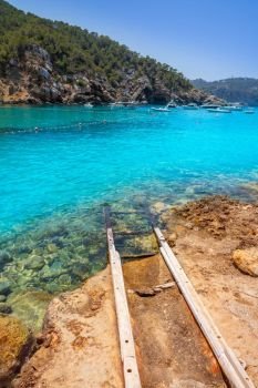 Cala Benirras beach of Ibiza in Sant Joan of Balearic Islands