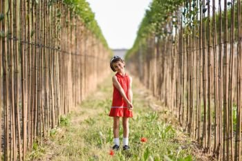 Little girl walking in nature field wearing beautiful red dress