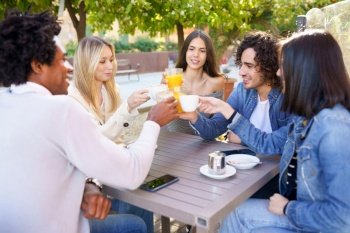 Multi-ethnic group of friends making a toast with their drinks while having a drink together at the outside table of a bar.. Multi-ethnic group of friends toasting with their drinks while having a drink together.