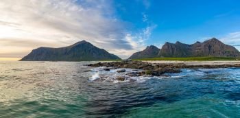 Panorama Beach Lofoten islands is an archipelago in the county of Nordland, Norway. Is known for a distinctive scenery with dramatic mountains and peaks, open sea and sheltered bays, beaches