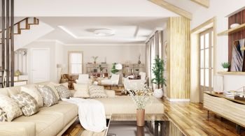Modern interior design of house, hall, living room with sofa and armchairs 3d rendering