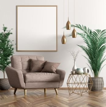 Interior of living room with copper coffee table, beige armchair and poster on the white wall 3d rendering