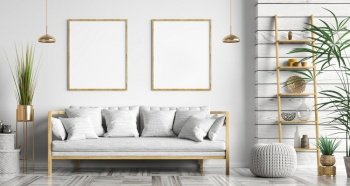 Interior design of modern scandinavian living room with white sofa over the white wall with poster, wooden panelling, home design 3d rendering