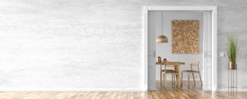 Empty room interior background, white and gray stucco wall, plant and opened door to the dining room, home design, panorama 3d rendering