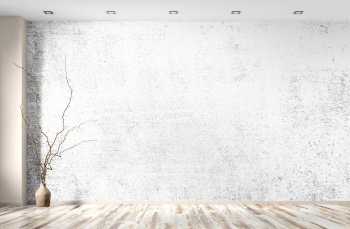 Empty room interior background, white concrete or stucco wall, beige wooden floor, vase with branch. Mock up plaster wall with copy space. Living room interior design. 3d rendering
