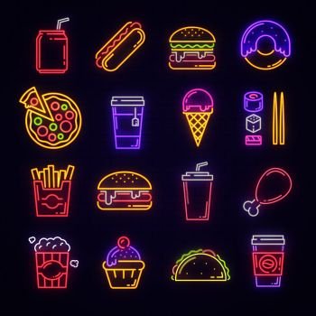 Fast food and drink neon sign for fastfood restaurant, burger cafe or pizzeria design. Hamburger, hot dog and fries, cheeseburger, chicken and pizza, soda, coffee and sushi glowing light signboard. Fast food and drink neon light sign for signboard