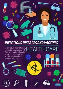 Infectious disease medicine and vaccine health care banner with doctor and laboratory research symbol. Infectiology poster with virus, pill and syringe, thermometer, stethoscope and blood test tube. Infectious disease medicine and vaccine banner