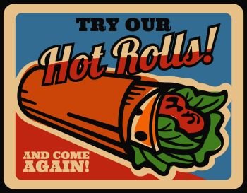 Doner kebab retro poster of turkish fast food meat roll. Grilled chicken and fresh vegetable wrapped in flatbread, sandwich or shawarma vintage banner for kebab shop or fastfood restaurant design. Kebab, shawarma retro poster of turkish fast food