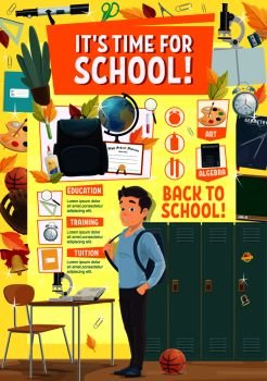 Back to School education season poster with student boy and school stationery or sport locker room. Vector college or university design of geometry, algebra or mathematic lesson books and alarm clock. School time poster. Student at classroom locker