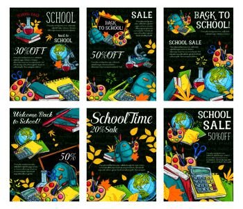 Back to School sale posters for education season stationery on green chalkboard background. Vector sketch design of school bag, globe or microscope and book, pen and pencil or ruler and maple leaf. Back to School vector sale offer sketch posters