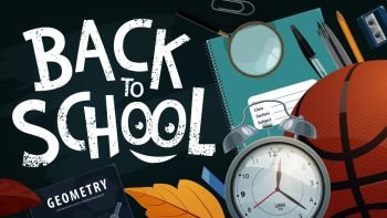 Back to School poster of study stationery and college sport training. Vector design of smile with school study copybook or geometry book, autumn maple leaf and alarm clock or basketball ball. Back to School study stationery poster, vector