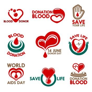 Blood donation icons for World Blood Donor Day symbol. Red drop, heart and helping hand, isolated badge, decorated by heartbeat and ribbon banner for transfusion laboratory design. Blood donation icons for transfusion laboratory
