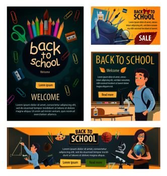 Back to school banners with geography teacher and student at chalkboard during geometry lesson. Color pencils and scissors, rucksack and stationery, microscope for biology and sport items vector. Back to school banners with stationery for lessons