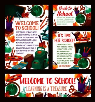 Back to School banner or poster design of school bag and lesson education stationery. Vector school book or notebook and calculator, literature book or pen and pencil, autumn maple leaf on chalkboard. Back to School vector education banner poster
