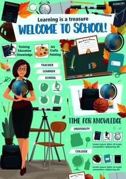 Welcome Back to School poster for college and university education season. Vector cartoon design of teacher woman with globe for astronomy at school table with blackboard and study stationery. School education and learning in college poster