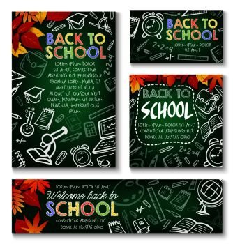 Welcome Back to School chalk green blackboard posters design template of school bag and lesson education stationery. Vector school book or notebook and calculator, pen or pencil and autumn maple leaf. Back to School vector study chalkboard posters