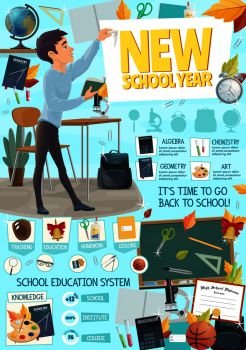 School season or college and university education season poster. Vector cartoon design of student boy and discipline classes of algebra, chemistry or geometry and art stationery for new school year. School or college education season vector poster