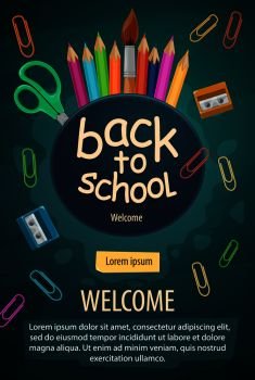 Back to School poster for education September season. Vector welcome to school design of study stationery color pencils, paint brush and paper clip with sharpener for autumn sale design. Welcome back to school stationery pencils poster