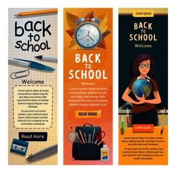 Back to School banners for education season. Vector welcome design of geography teacher woman with globe at class room blackboard with stationery and books in school bag. School teacher at class blackboard banners