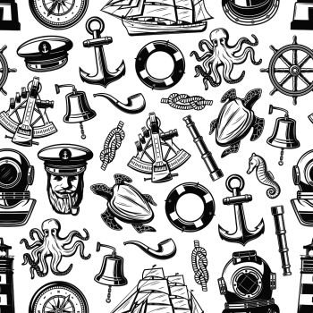 Nautical seamless pattern with marine and seafarer symbols. Vector background of sailor equipment, captain hat or smoking pipe and lighthouse, ship helm with anchor or spyglass and sextant. Marine nautical seamless pattern background