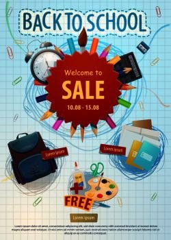 Back to School sale poster for September education season. Vector promo advertisement design of school stationery, student bag, and pencils with doodle pen on copybook squared background. Back to school education sale season poster