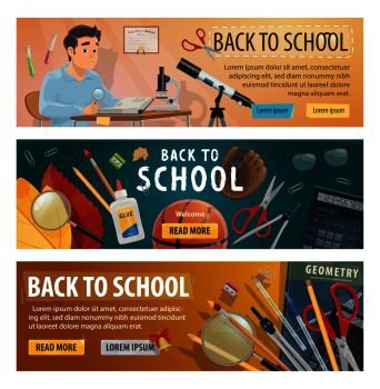 Back to School and autumn education season banners for September sale. Vector student boy in classroom for astronomy or geometry lesson with microscope, telescope or stationery on blackboard. Back to School college student study lesson banner