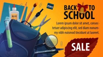 Back to School sale promo poster for autumn store trade season. Vector advertisement design of school stationery, student school bag, pencil or pen and lesson books with bell and September leaf. Back to school store sale promo vector poster