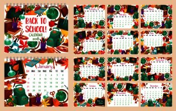 Back to School monthly calendar template design of copybook, calculator and geometry globe map. Vector month calendar of school bag and lesson stationery pen or pencil with September autumn leaf. Back to School vector month calendar