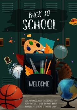 School lockers with backpack full of student supplies banner for Back to School concept. Pencil, book and pen, ruler, globe and paint, brush and office stationery for education poster design. Backpack with student items. Back to School poster