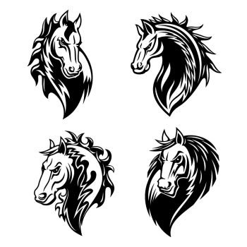 Horse or mustang animal isolated icons for tribal tattoo and equestrian sport mascot design. Black and white stallion or mare horse head with angry muzzle and curly mane symbols. Horse or mustang animal icons. Tattoo and mascot