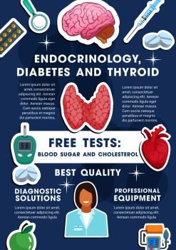 Endocrinology, diabetes and thyroid medical poster for healthcare center or free tests diagnostics. Vector design of doctor with pills or tonometer and glucose meter, organs heart and brain. Vector poster for endocrinology medicine