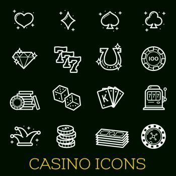 Casino gambling and poker vector thin line icons Vector jackpot and bingo symbols of dice, playing cards and money coins, joker cap and lucky horseshoe and slot machine for online internet casino. Vector thin line icons of casino poker gambling