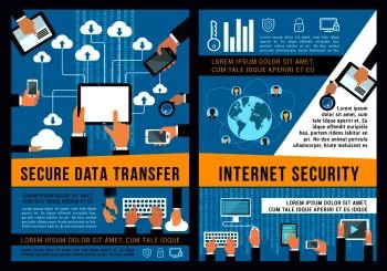 Internet security and secure data transfer poster for digital technology. Vector brochure of data streams or cloud storage and online communications with smartphone, computers and electronic devices. Data internet security technology vector posters