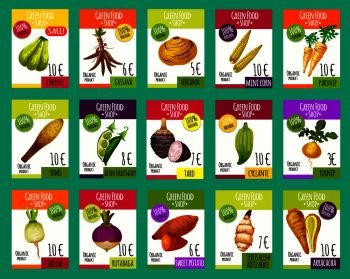 Exotic vegetables price cards for farm market. Vector set of chayote squash, cassava or hikama tuber and mini corn, parsnip, yams or taro and cyclante or artichoke, turnip or radish and arracacha. Vector price cards for exotic vegetables