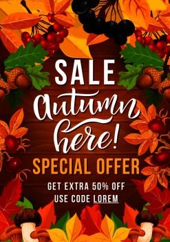 Autumn sale special offer poster with autumnal leaf frame on wooden background. Fall season discount price offer banner with fallen foliage, acorn and mushroom, forest briar and rowan fruit branch. Autumn sale offer poster with fall season leaf