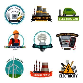 Electricity and power energy icons of electrician worker, eco car technology and light bulb. Vector thermal power plant and green energy windmill with electric ammeter, plug or socket and wires. Vector electricity power technology icons
