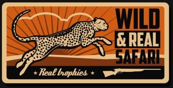 Hunting club retro poster, cheetah panther as a hunter trophy and Safari open season. Vector wild animal cheetah or leopard. Safari hunting cheetah vector animal