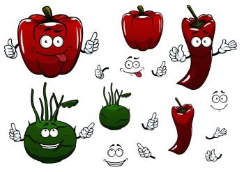 Healthy fresh kohlrabi cabbage, red chili and bell pepper vegetables cartoon characters with happy smiling faces, for agriculture or vegetarian food design. Cartoon kohlrabi, chili and red pepper vegetables 