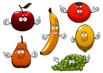 Funny ripe cartoon red apple, pear, banana, orange, green grape and lemon fruits characters for dessert food or agriculture design. Apple, pear, banana, orange, grape and lemon 