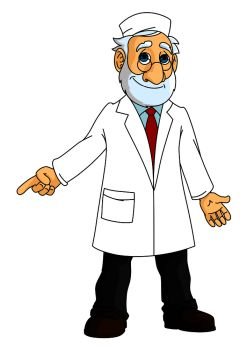 Cartoon mature bearded doctor in glasses and white medical coat and cap pointing finger away, for healthcare or medicine design. Cartoon doctor in white coat
