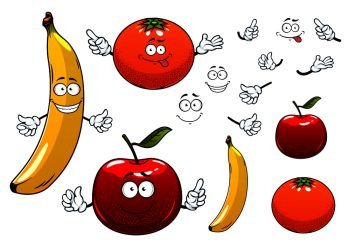 Cartoon ripe juicy red apple, orange and banana fruits characters with happy faces, showing attention signs, for agriculture or food design. Cartoon apple, orange and banana fruits