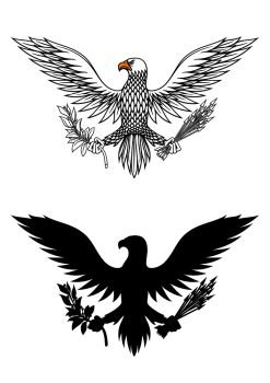 American eagle holding an olive branch and arrows symbolic of war and peace. American eagle holding branch and arrows