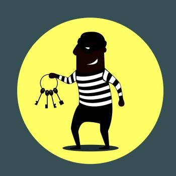 Burglar or thief carrying a set of keys with a gleeful evil smile, cartoon style. Burglar carrying a set of keys