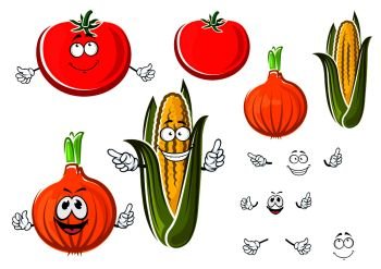 Happy cartoon onion, tomato and corn on the cob vegetables with smiling faces and waving arms. For agriculture or food themes design. Happy cartoon onion, tomato and corn